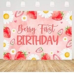 9x6ft Strawberry Daisy Berry First Birthday Backdrop Pink Watercolor Girls Party